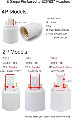 Vista 6 de Adaptador G24d a E26/E27 (no GY24d) Adaptador de enchufe CFL de 2 pines de 0.858 in G24 a E26/E27, convertidor de base de lámpara GX24d a E26/E27