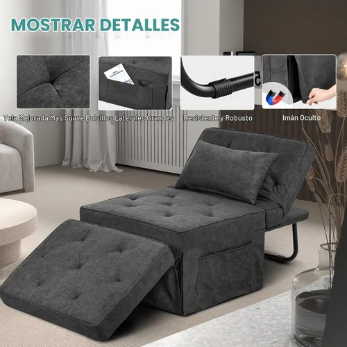 Vista 4 de Sofá Cama Convertible, Cama Otomana Plegable Multifunción 4 en 1 con Respaldo Ajustable, Moderna Silla Cama Extraíble para Sala de Estar Gris