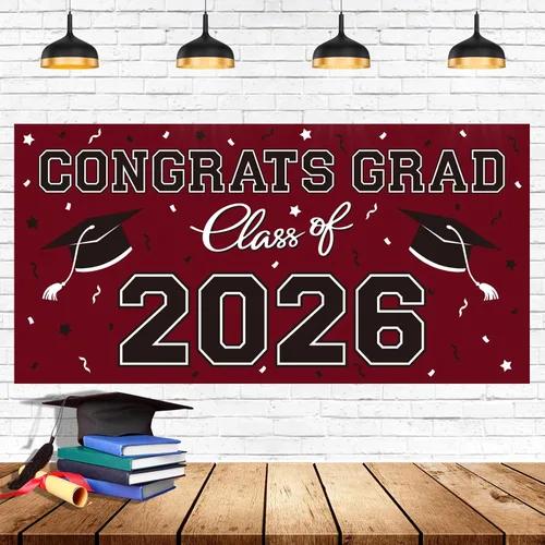 Vista 9 de Telón de fondo de plástico para fiesta de graduación 2026 - 65" x 32.7" Pancarta Congrats Grad en negro, decoraciones grandes de la clase de 2026