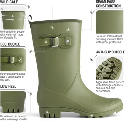Vista 3 de HISEA Botas de lluvia de goma a media pantorrilla para mujer, botas Wellington impermeables para exteriores