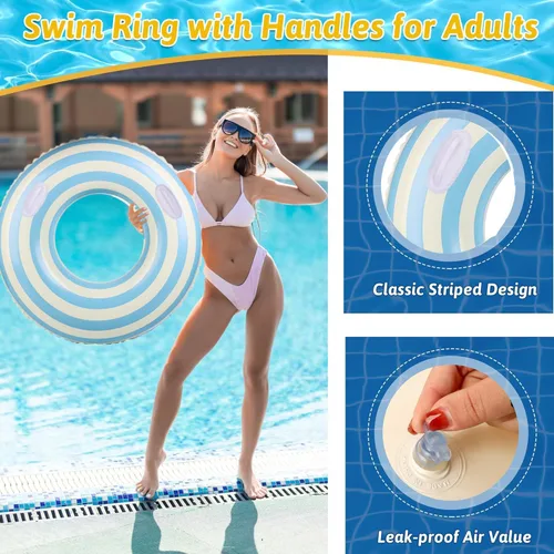 Vista 5 de Flotador de piscina grande a rayas, flotadores inflables de piscina para adultos, paquete de 2 flotadores de piscina, tubos de piscina, anillos