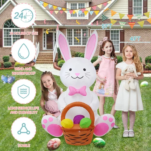 Vista 3 de [Usado] Conejo de 5 pies con una cesta de flores, decoración inflable de Pascua para patio, conejo de Pascua inflable con cesta iluminada