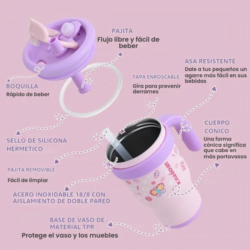 Vista 9 de KXIAOCHEN Vaso para niños de 14 onzas con asa para evitar derrames, vaso aislado reutilizable de acero inoxidable para niños pequeños, mantiene