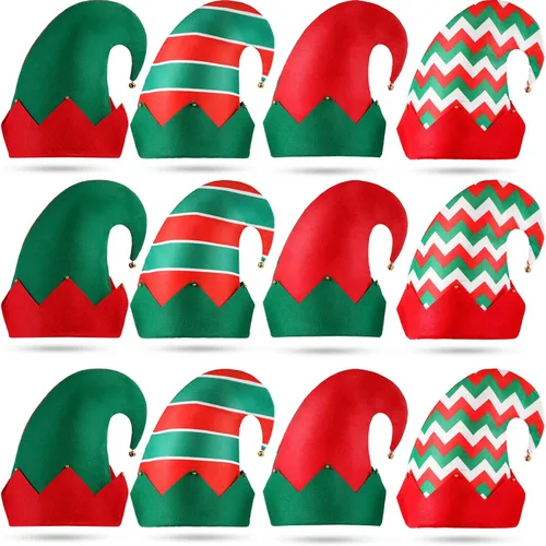 Vista 8 de Yaomiao 12 sombreros de fieltro de elfo de Navidad, sombreros de elfo verde y rojo a granel con campana, sombrero de Papá Noel para fiestas