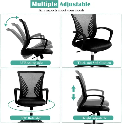 Vista 5 de Silla de oficina en casa, silla de escritorio ergonómica, respaldo medio, silla de computadora de PC con soporte lumbar y reposabrazos, silla