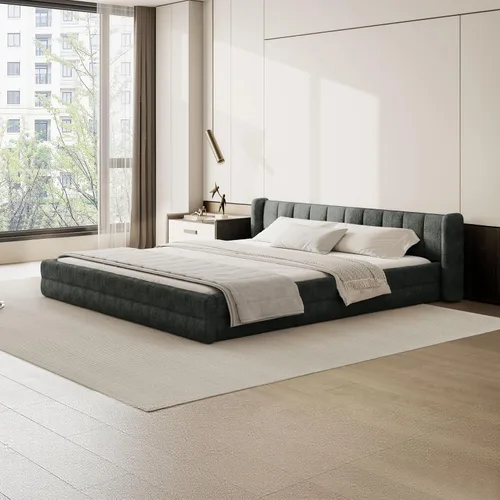 Vista 15 de Marco de cama tamaño Queen con cabecero suave tipo nube, base de cama de madera con tapizado de chenilla, no necesita somier - Beige Marco de cama