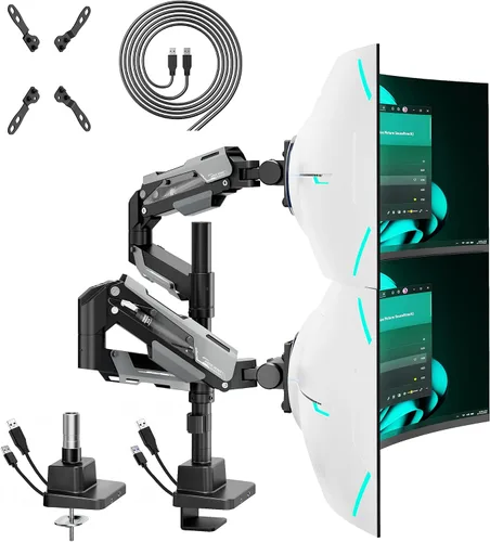 Vista 10 de ARES WING Soporte vertical para monitor doble, brazos de monitor de aluminio resistente de 24-57 pulgadas para 2 monitores, soporte de monitor