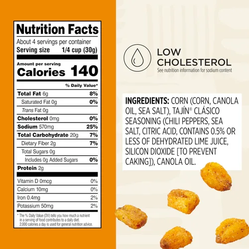 Vista 2 de Snak Club Tajin Maíz Tostado, Nuggets de Maíz Tostado con Condimento de Chile y Lima, Suave, Sin OGM, Sin Gluten, Aperitivo Kosher, Sin Colores ni