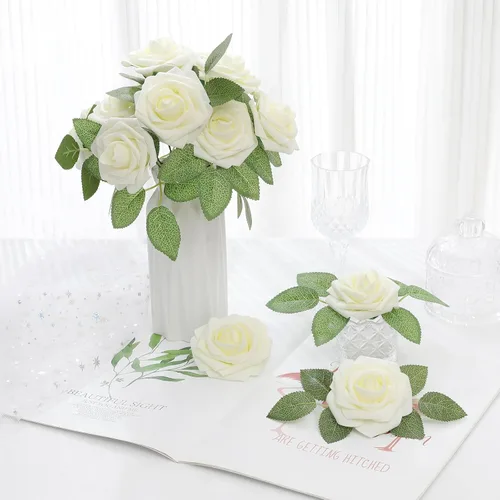 Vista 3 de DerBlue 60 rosas artificiales de aspecto real, rosas artificiales de espuma para decoración de bodas, arreglos, fiestas, decoración del hogar Blanco