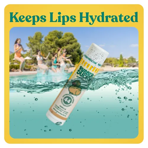 Vista 5 de Rubber Ducky Bálsamo labial con SPF 44, protector solar resistente al agua Vegano, sin tintar, sabor a vainilla, con vitamina E Todas