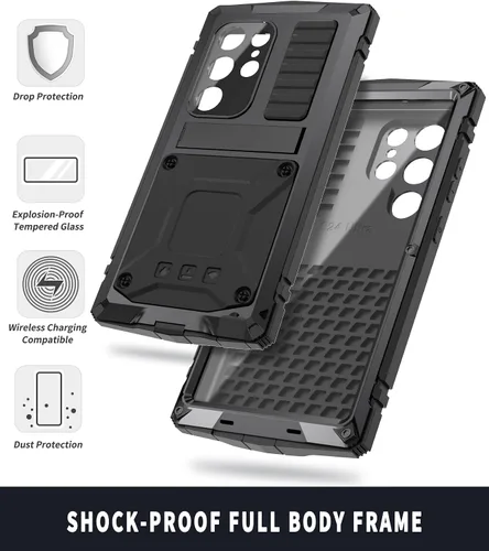 Vista 3 de Funda de metal para Samsung Galaxy S24 con protector de pantalla con función atril, funda para cámara S24, resistente armadura militar duradera