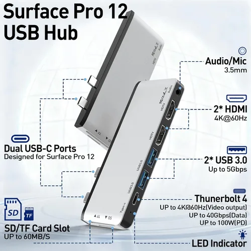 Vista 2 de Estación de acoplamiento Surface Pro 12, Quad Display Surface Pro 12 Hub USB con HDMI 4K dual 4K, Thunerbolt 4 Hub