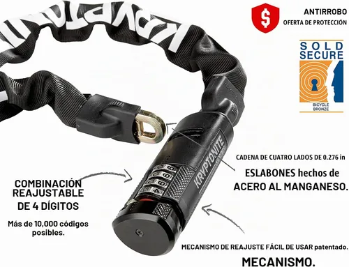 Vista 3 de Kryptonite Keeper 790 - Candado combinado de cadena para bicicleta, 3 pies de largo, resistente, antirrobo, vendido, seguro, dorado, cerradura