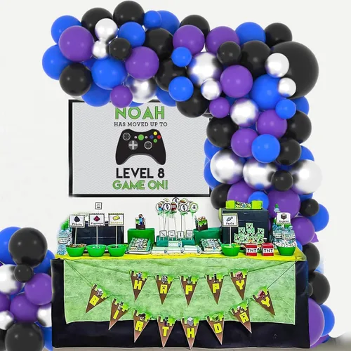 Vista 6 de Kit de arco de guirnalda de globos azules, morados y negros, 122 globos morados, azul rey y negro, globos metálicos plateados para videojuegos