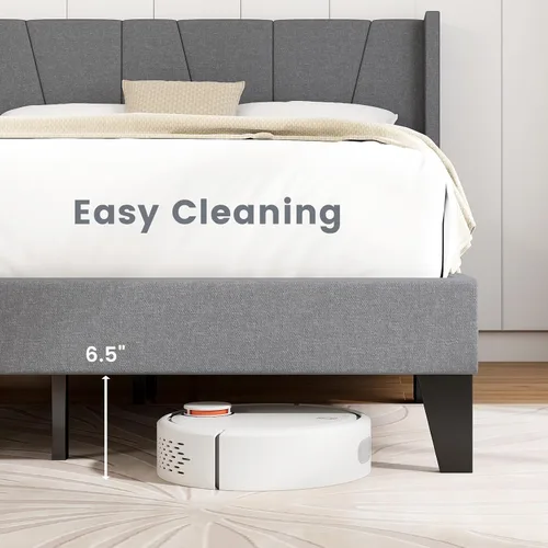 Vista 7 de KOMFOTT Base de cama tapizada tamaño Queen con cabecera con respaldo de ala, plataforma moderna con soporte de listones de madera, base de colchón