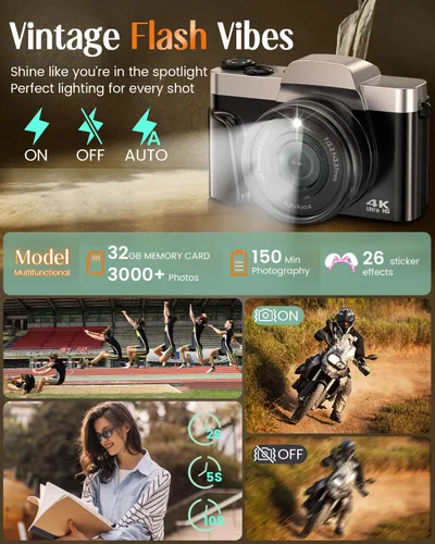 Vista 7 de Cámara digital 4K para fotografía con WiFi, cámara de videoblogs de 64 megapíxeles con enfoque automático para YouTube, cámara compacta de viaje