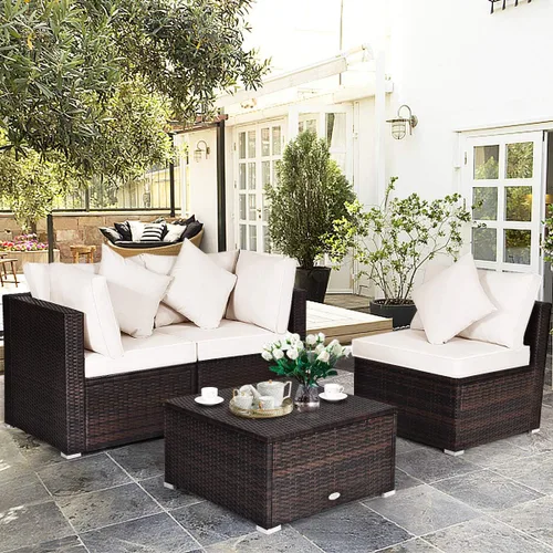 Vista 4 de HAPPYGRILL Juego de sofá de mimbre para patio de 4 piezas, moderno juego de sofá modular con cojines y almohadas lavables, juego de muebles de ratán