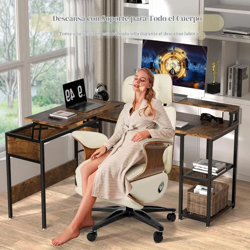 Vista 3 de Silla de oficina ergonómica de cuero, reclinable/reposapiés Blanco