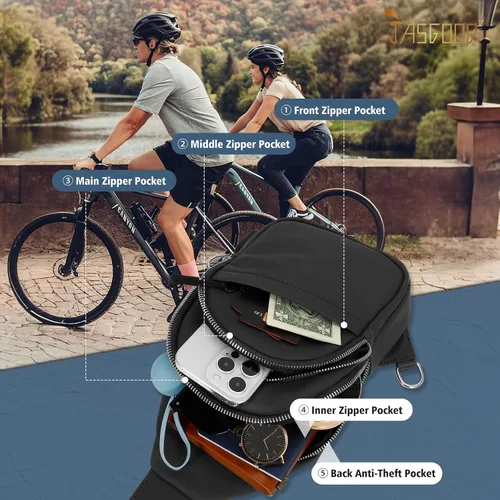 Vista 3 de JASGOOD Bolso bandolera para hombres y mujeres, bolsa cruzada de piel sintética, riñonera impermeable para el pecho, mochila para viajes