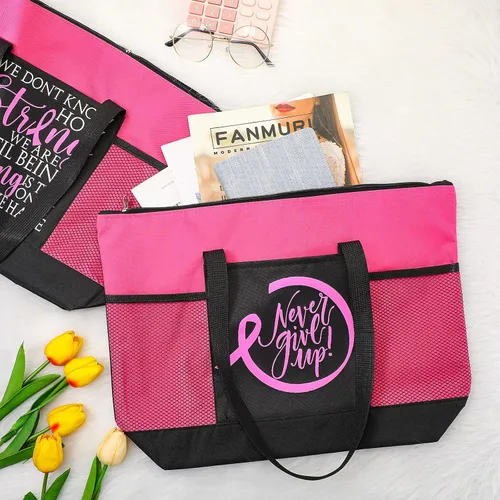 Vista 4 de Bolsas de regalo para concientización sobre el cáncer de mama, bolsas de señal de cinta rosa para mujer, bolsillo de malla, apoyo para concientizar