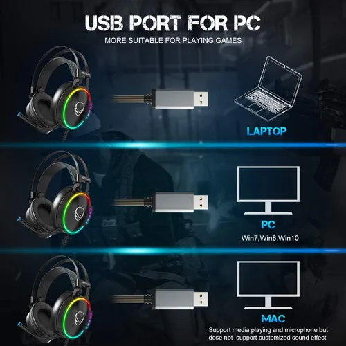 Vista 7 de ETWAR Auriculares USB para juegos para PC, 7.1 con micrófono con cancelación de ruido, con luces RGB para portátiles con micrófono