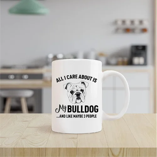 Vista 2 de Taza divertida de Bulldog con texto en inglés «All I Care About is My Bulldog», taza de cerámica de 11 onzas, regalo para amantes de los perros
