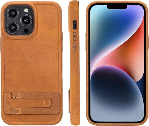 Vista 16 de Bayelon Funda de casco para iPhone 14 Plus - Funda delgada 360 de grano completo - Funda de cuero con función de atril (marrón oscuro)
