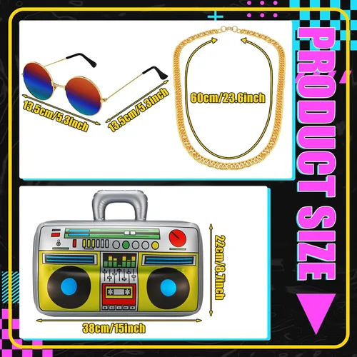 Vista 4 de Xtinmee Conjunto de 6 piezas de disfraz de los años 80 y 90 para hombre, traje de hip hop de los años 90, divertido juego de accesorios vintage