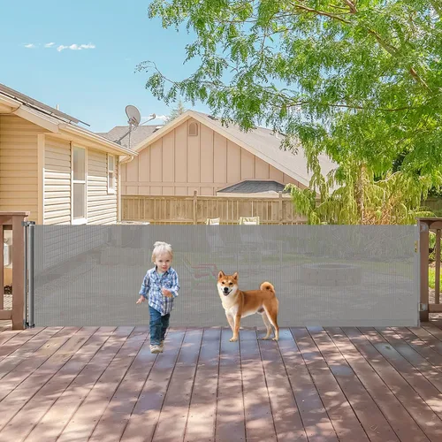 Vista 16 de Puertas retráctiles para bebés para puertas, puerta retráctil para perros de 55 pulgadas de ancho para escaleras, puertas de malla para perros
