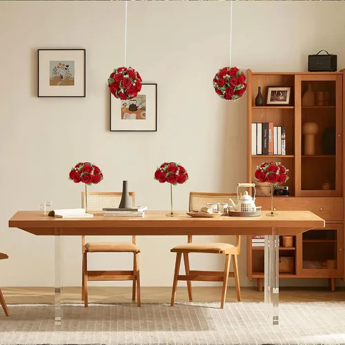 Vista 3 de Bolas de flores para mesas de boda, 6 piezas de flores artificiales rojas de 10.6 pulgadas para centros de mesa, arreglos de rosas falsas