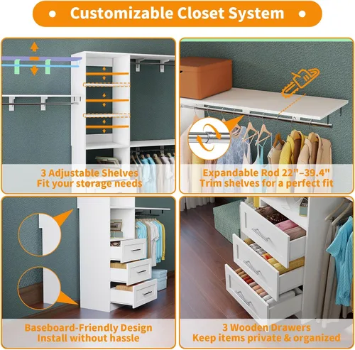 Vista 4 de Sistema de Armario con Cajones, Sistema Organizador de Armario de 5-8 Pies, Sistema de Almacenamiento de Armario Walk-in de Madera de 96