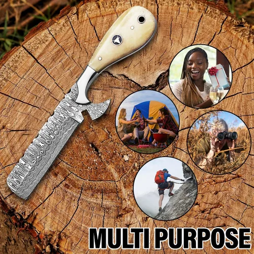 Vista 7 de Cuchillo cortador de toros de Damasco hecho a mano de 8 pulgadas con funda de cuero, cuchillo vaquero occidental para caza, desollar, acampar