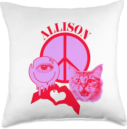 Vista 4 de Allison Name Personalized Peace and Karma Co. Personalized Allison First Name I Love Retro Cat Mom Throw Pillow, 16x16, Multicolor