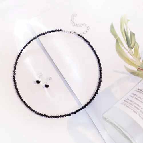 Vista 3 de Genuine Stone Choker Beaded Choker Necklace S925 Earrings Facet Crystal Choker Jewelry Sets 3MM Beaded Necklace 14"+3" Adjustable Dainty Necklace