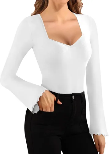 Vista 3 de MANGOPOP Women's Sexy Square Neck Bodysuits Long Sleeve Fashion Basic Slim Tops