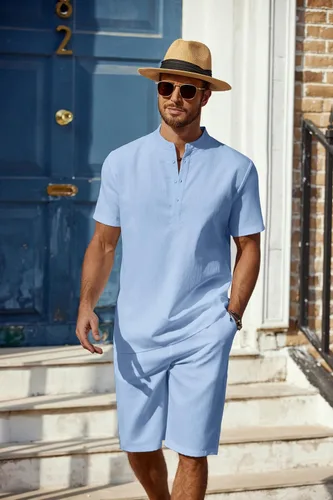 Vista 4 de COOFANDY Conjunto de 2 piezas de lino para hombre, camisas Henley casuales de manga corta, pantalones cortos de yoga para la playa, pantalones