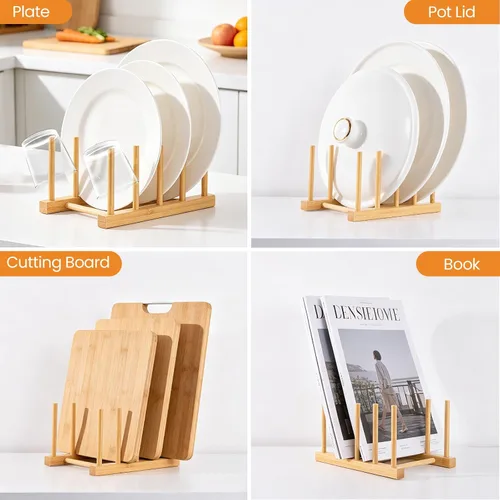 Vista 5 de Paquete de 1 estante de madera de bambú para platos, tapa de olla, tabla de cortar, organizador para gabinete, organizador de gabinete de cocina