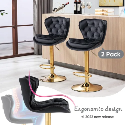 Vista 7 de SLEERWAY Juego de 2 taburetes de bar giratorios modernos, sillas de bar de terciopelo para mostrador de cocina, taburetes de bar dorados, taburetes