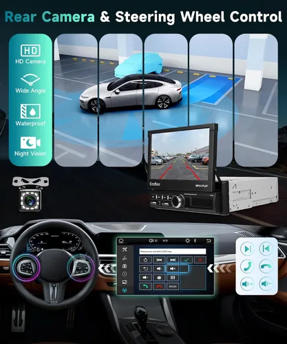 Vista 7 de Estéreo de coche de un solo DIN con Carplay inalámbrico Android Auto, pantalla táctil motorizada de 7 pulgadas con Bluetooth Radio de coche