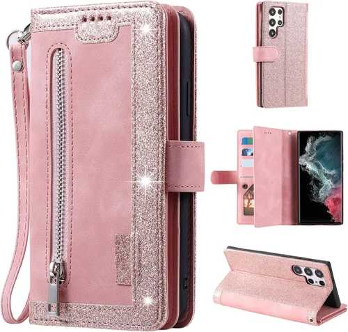 Vista 16 de UEEBAI Funda tipo cartera para Samsung Galaxy S22 5G, Retro 9 ranuras para tarjetero, bolsillo con cremallera, cierre magnético, función atril