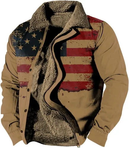 Vista 7 de LOAIHA Chaqueta de invierno para hombre, chaqueta de bandera estadounidense, abrigos occidentales para hombre, con cremallera, forro polar cálido