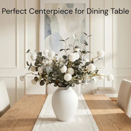 Vista 3 de Flores artificiales blancas y vegetación con jarrón, centro de mesa de arreglo floral sintético para mesa de comedor, flores de seda realistas