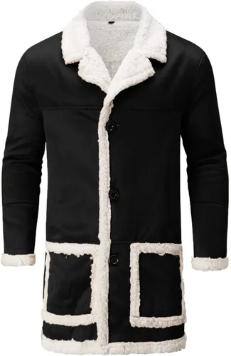 Vista 2 de Chaquetas casuales con forro polar Sherpa para hombre, con cuello de piel abrigada, gabardina larga, tallas grandes y altas con bolsillos
