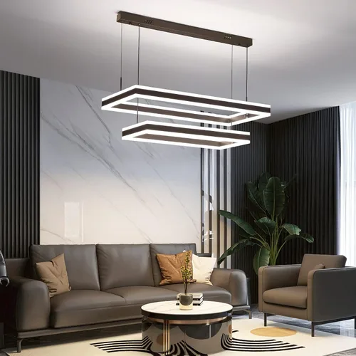 Vista 16 de Candelabros modernos para sala de estar, 2 anillos rectángulos, lámpara colgante de isla de cocina, lámpara LED regulable para comedor y dormitorio