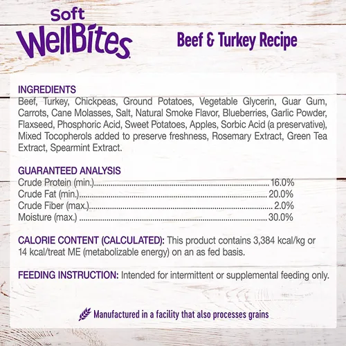Vista 3 de Petlewa Wellness-Wellbites - Golosinas suaves naturales sin granos, 4 sabores (carne de res y pavo, pollo y venado, pollo y lámpara, pavo y pato) 6