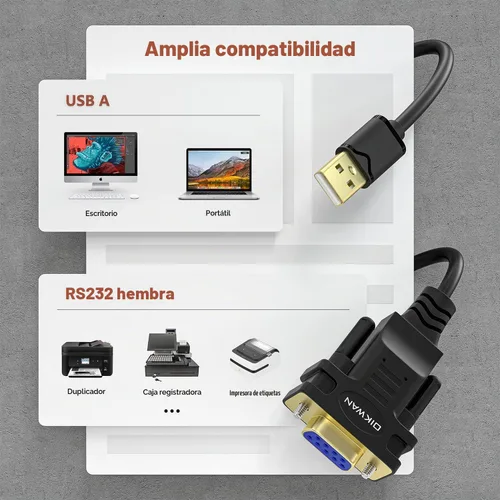 Vista 5 de Adaptador USB a serie RS232 con chipset FTDI - Cable USB 2.0 a serie DB9 hembra para Windows y Mac (6 pies)