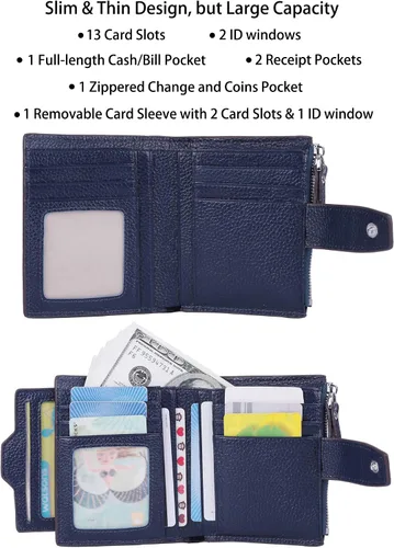 Vista 2 de AINIMOER - Cartera de piel con bloqueo RFID para mujer, tamaño pequeño, compacta, doble zíper, con ventana para identificación