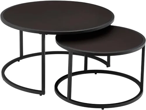 Vista 3 de 24KF Moderna mesa de centro redonda de piel sintética con base de metal negro, mesa de té decorativa para sala de estar, juego de 2, color marrón