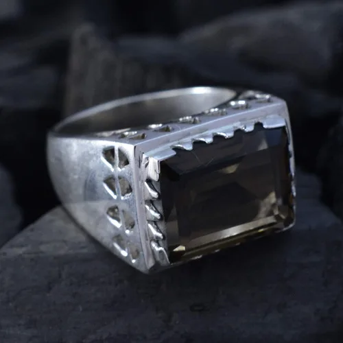 Vista 4 de Joyas Plata Bonita Piedra Piedra Octágono Forma Una Piedra Facetada Cuarzo Ahumado Anillo De Plata De Ley 925 Marrón Cuarzo Ahumado Anillo De Enero