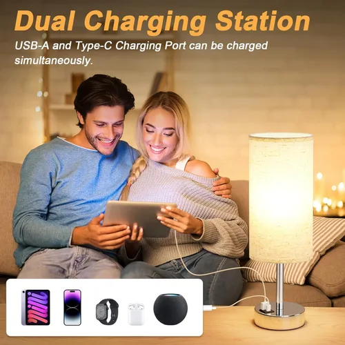 Vista 3 de Dicoool - Lámpara de mesa táctil para mesita de noche de dormitorio - Lámpara de noche con puertos de carga USB-C y USB-A, blanca, lámpara de Metal